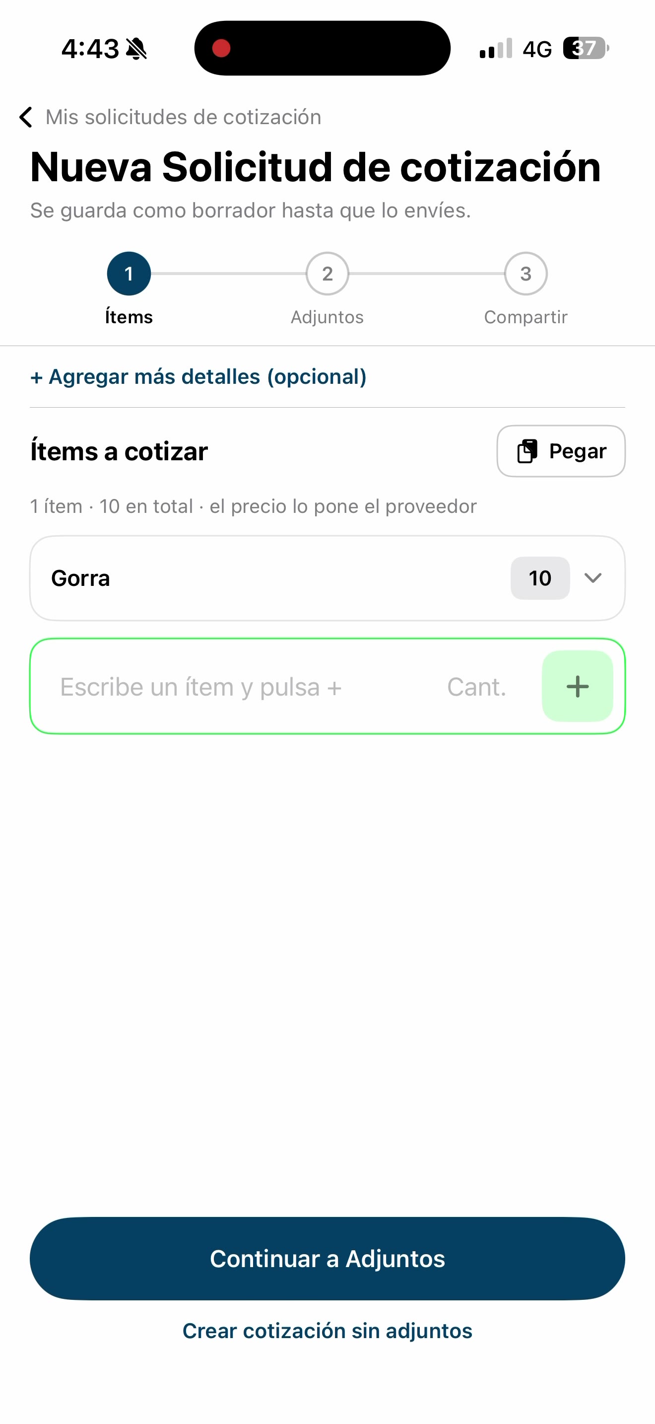 Pantalla real de solicitudes de Intex Mercado