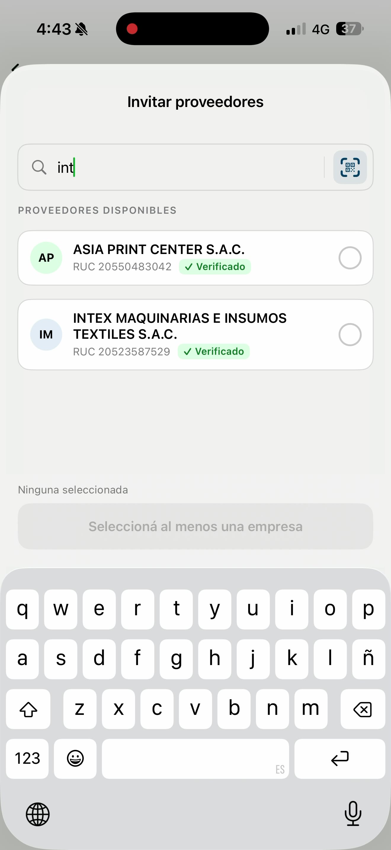 Pantalla real para compartir una solicitud con proveedores